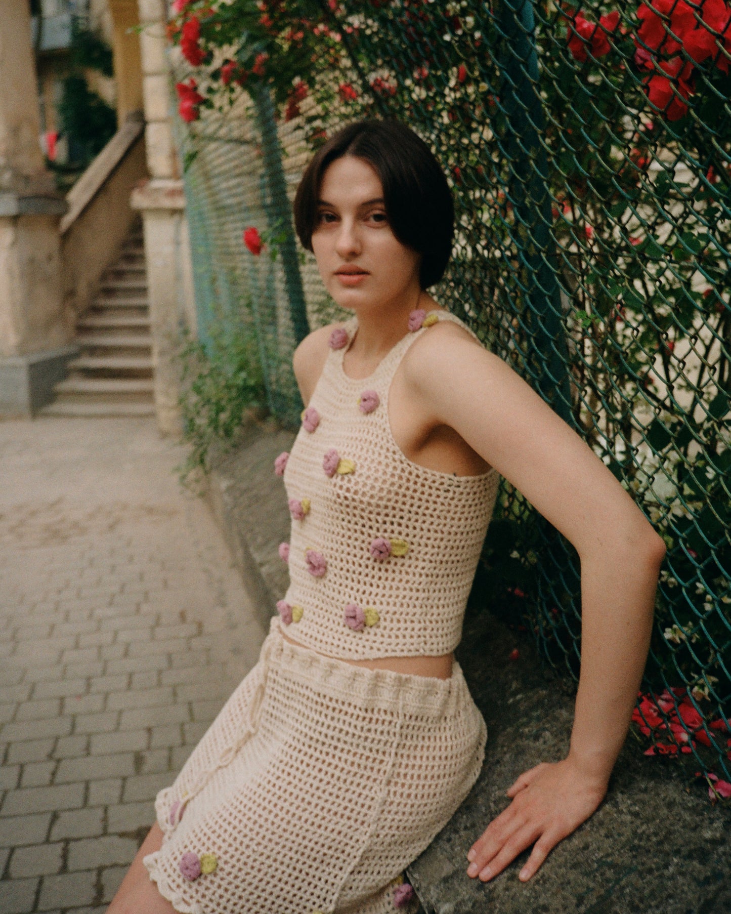 Cream Crochet top with roses