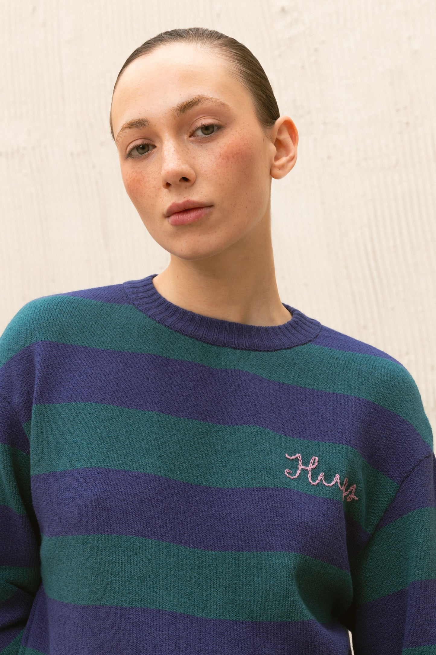 Sapphire Striped sweater with hand embroidery