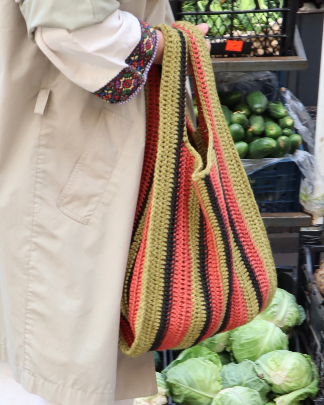 Stripe-crochet Tote Bag “Meadow”