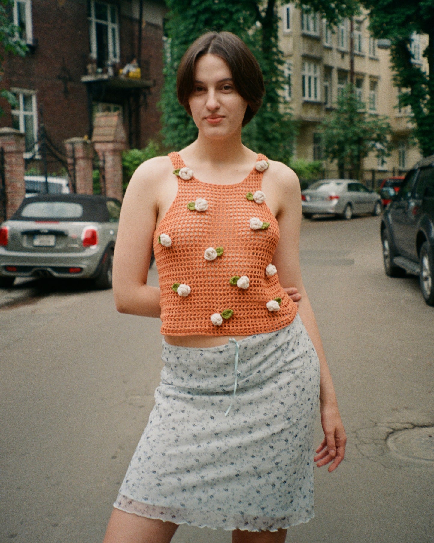 Orange Cream Crochet top with roses