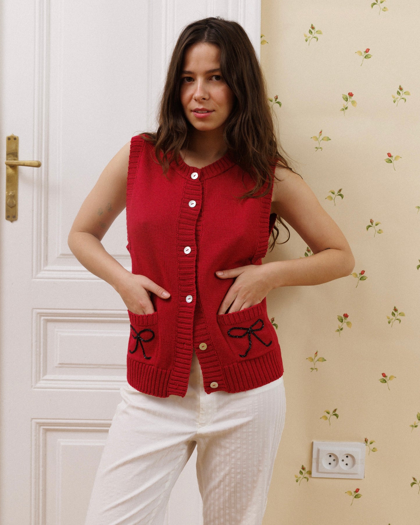 Raspberry Vest with Beaded Bows