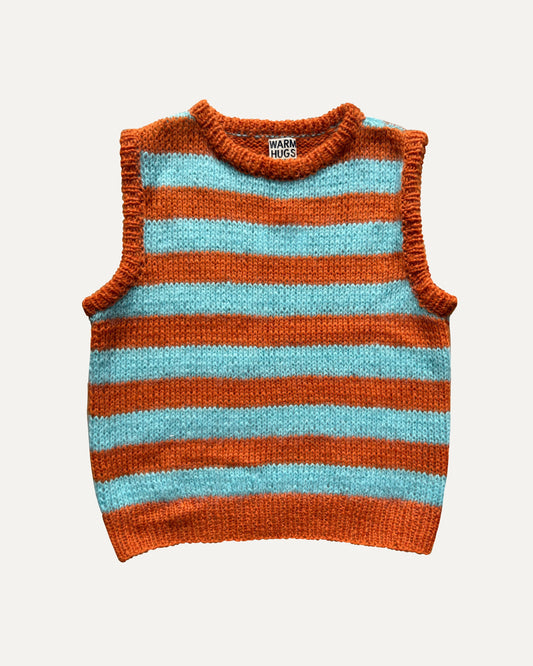 Fluffy orange and blue Hand-knitted striped vest